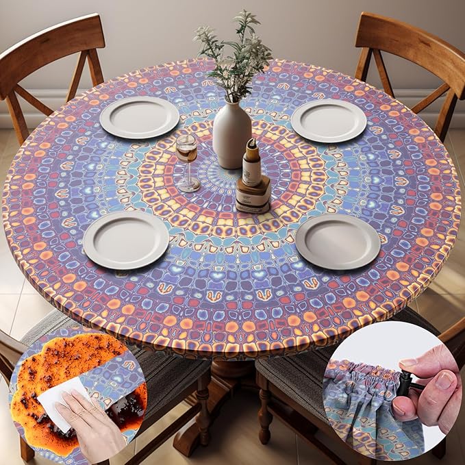 Fitted Round Tablecloth Bohemian Vinyl Patio Table Cloths for 36-44" Tables Camper Travel Vacation Accessories Living Room New HomeHouse Decorations Outdoor Road Trip Must Haves