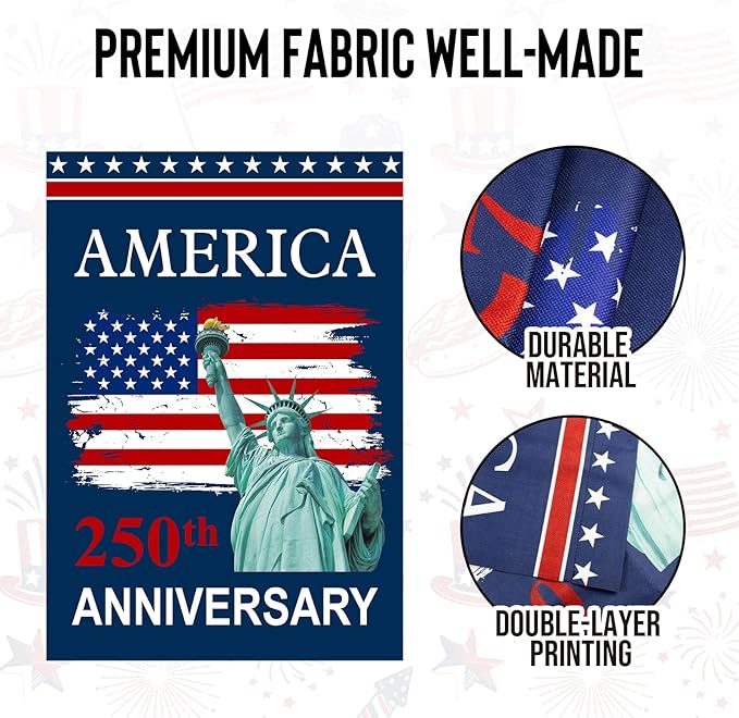 250th Anniversary USA Flag - 12x18 Inch Double Sided Garden Flag, Patriotic Statue of Liberty Flag, 4th of July Decorations Outdoor, 1776-2026 Independence Day Yard Lawn Porch Decor