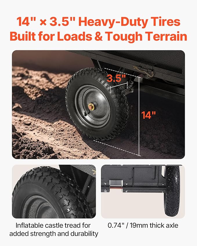 VEVOR 10 Cu.Ft. & 500lbs ATV Trailer Dump Cart Tow Behind, Heavy Duty Utility UTV Trailer, Tow Behind Steel Yard Dump Wagon Cart with 14" Tires for Lawn Mower Tractor