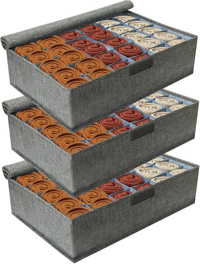PINGMIC 3-Pack Sock & Tie Organizer with Lid, 30-Cell Foldable Storage Box