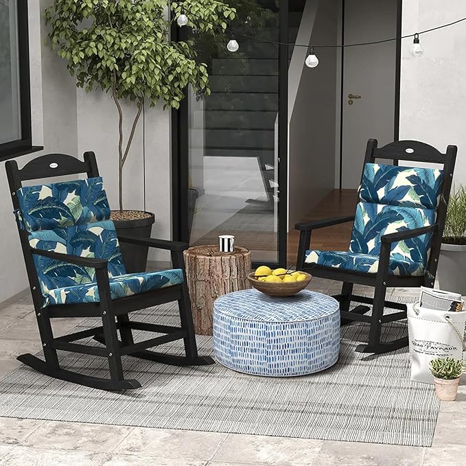 DYTXIII Outdoor High Back Chair Cushions Set of 2, 44"x22" Water Repellent Patio Seat Cushions with Elastic Sponge, All Weather Chair Pads for Rocking, Dining, Patio Furniture - Swaying Palms Blue