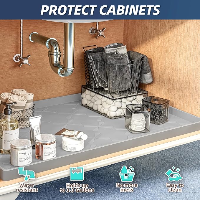SIKADEER Waterproof Under Sink Mat 31" x 19" Silicone Mat Cabinet Protector | Heavy Duty Kitchen Cabinet Liner, Easy Press Drain, Home Essentials for Pet Feeding, Boots, Bathroom, Organizers & Storage