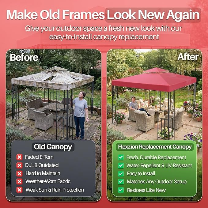 Flexzion Gazebo Cover Replacement Canopy Top 10x10 Ft (3m x 3m) - Double Tier Top Canopy Cover Replacement with UV30+, Dirt, Water Resistant for Outdoor, Sunshade, Garden, Patio, Pavilion (Red)