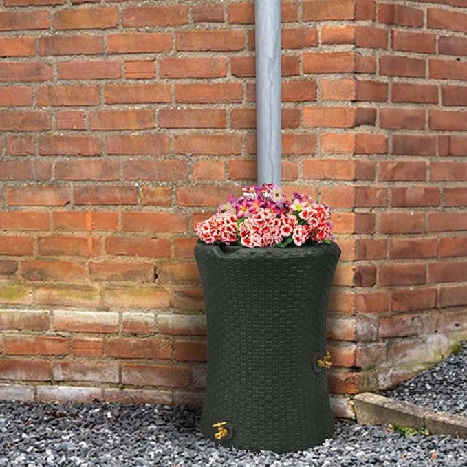 Good Ideas Impressions 50 Gallon Nantucket Outdoor Home Rain Barrel Water Storage Collector with Garden Planter and Brass Spigot, Black (2 Pack)