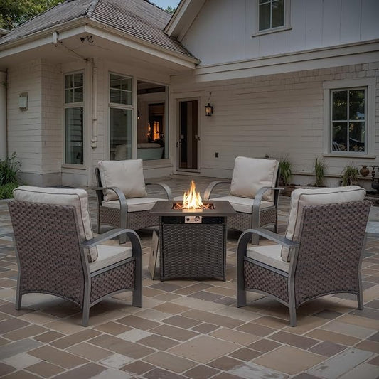 Belord 5 Piece Patio Furniture Set with Fire Pit Table - Outdoor Conversation Set with Propane Fire Pit and 4 Wicker Chairs for Backyard Patio or Casual Gathering Brown