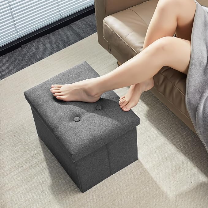 AmasSmile Ottoman with Storage,17" Folding Linen Foot Rest Chest,Grey