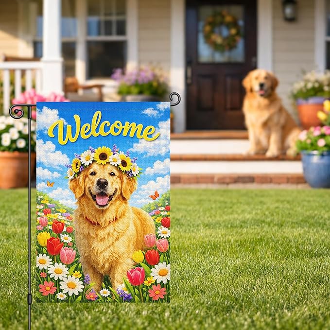 Heyfibro Spring Welcome Garden Flag 12x18 Inch Double Sided Golden Retriever Floral Garden Flag Small Yard Flags for Outside House Farmhouse Seasonal Spring Outdoor Decorations