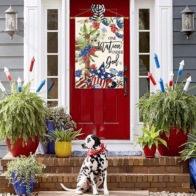 AVOIN colorlife Memorial Day Patriotic 4th of July House Flag 28x40 Inch Double Sided Outside, Flowers Cross Yard Outdoor Decoration