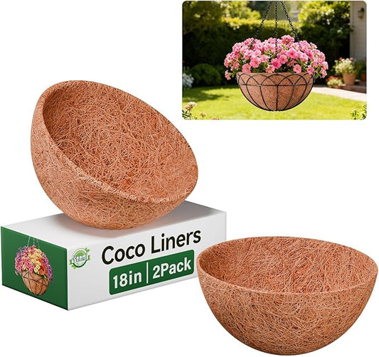 Halatool 2 Pack 18 Inch Coco Liners Natural Coconut Liners for Planters Round Hanging Basket Liner for Flowers Vegetables Balcony Garden Patio Porch Home Decor