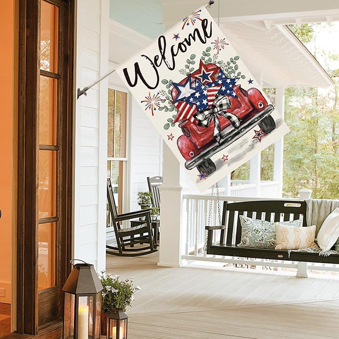 AVOIN colorlife Welcome Patriotic 4th of July Truck House Flag 28x40 Inch Double Sided, Rustic Farmhouse Yard Outdoor Decoration