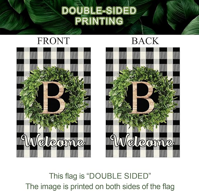 Baccessor Monogram Letter B Garden Flag 28 x 40 Inch, Buffalo Plaid Family Last Name Initial Boxwood Wreath Welcome Vertical Double Sided Large Flags for Outdoor Outside Decoration
