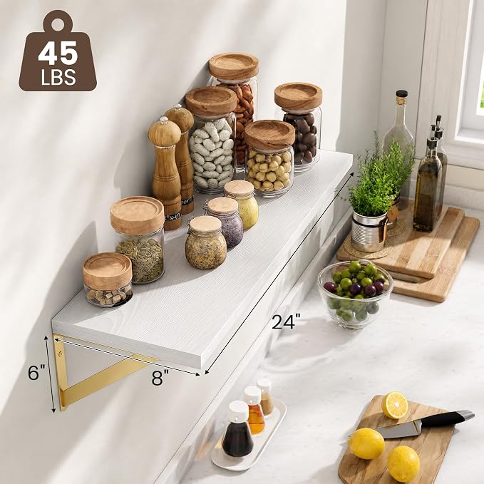 Dreamland Wall Mounted Floating Shelves Set of 2, 24x8, White&Gold