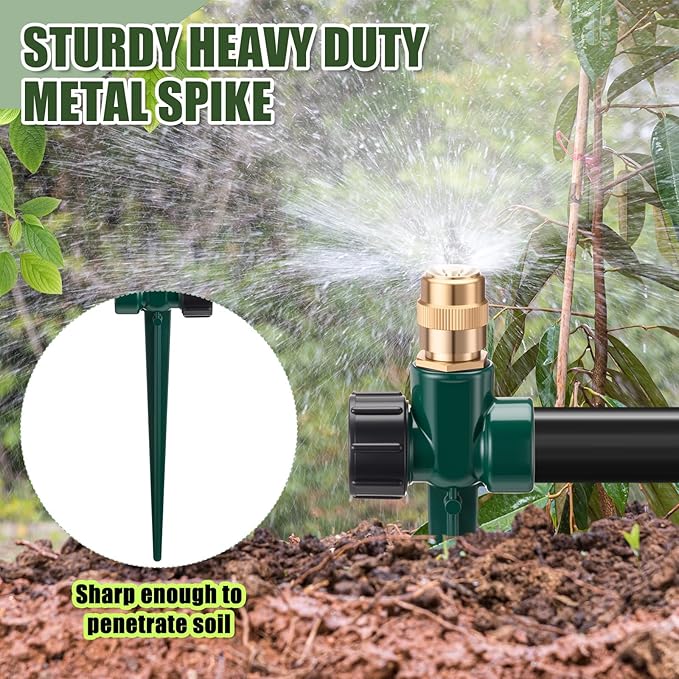 Tioncy 4 Pack Metal Lawn Sprinkler Automatic Garden Water Sprinkler on Spike Base 360 Degree Rotation with Adjustable Brass Nozzle for Lawn Garden Yard(Green)