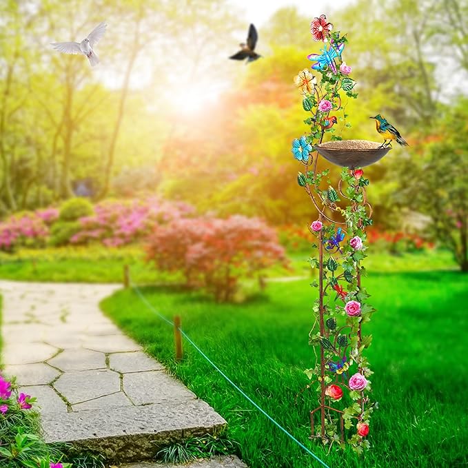 YADOOLIFE 57” Bird Bath with Garden Trellis for Climbing Plants Outdoor, Small Decorative Trellises Metal Birdbath Bird Baths, 1 Piece (Dragonfly)