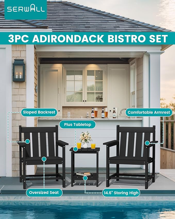 SEWRWALL 3 Pieces Patio Bistro Set, All Weather Adirondack Chair Set with Side Table, HDPE Material Outdoor Patio Furniture Set for Balcony, Porch, Garden, Backyard- Black