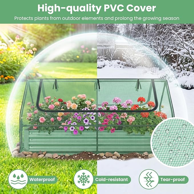 HAPPYGRILL Raised Garden Bed with Cover, Outdoor Planter Raised Bed w/2 Large Zipper Mesh Screen Windows, Galvanized Metal Planter Box for Gardening, Flowers, Vegetables (Green & Silver)