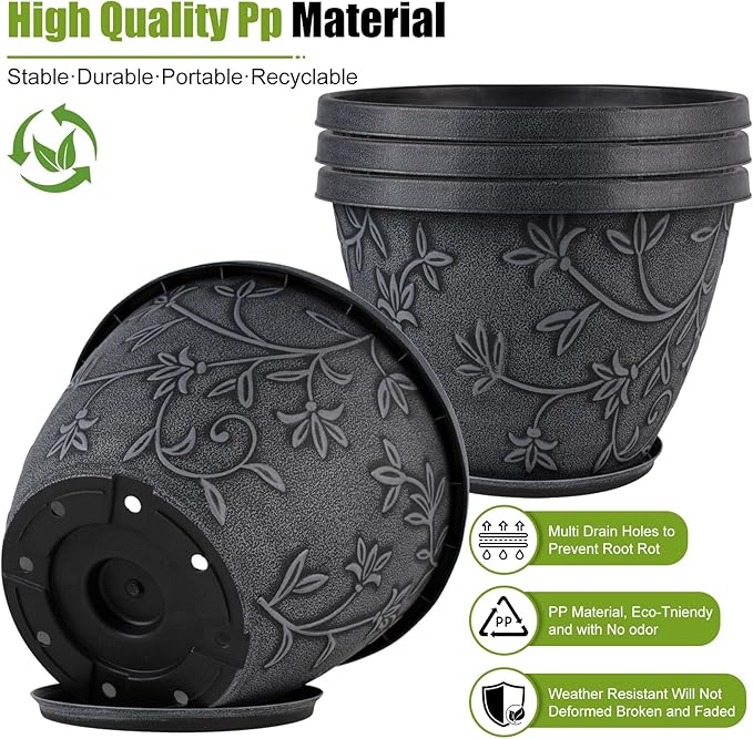 Nooulap 4 Pack 10 Inch Plant Pot for Outdoor Indoor, Plastic Flower Pots with Drainage Hole & Saucer, Lightweight Small Resin Flower Pot, Imitation Magnolia Planter Pots for Garden House（Gray）