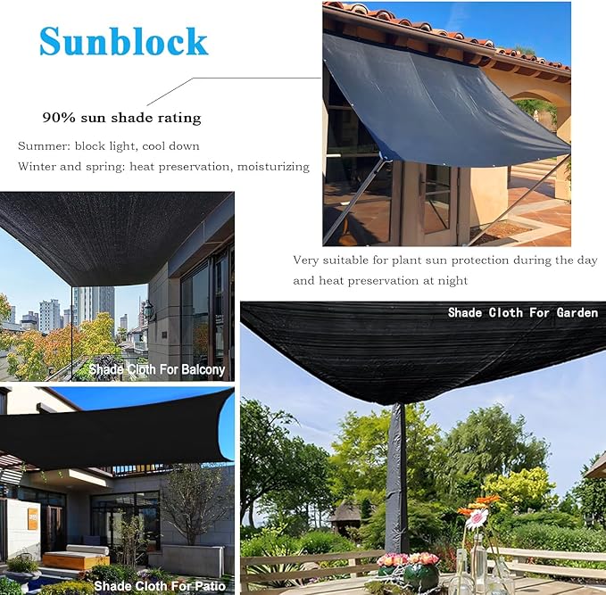 90% Black Shade Cloth, 12X20Ft Garden Sun Shade for Plant Cover, Outdoor Shade Netting with Grommets, Sunblock Mesh Tarp for Patio, Greenhouse, Pergola, Potted Plant, Chicken Coop