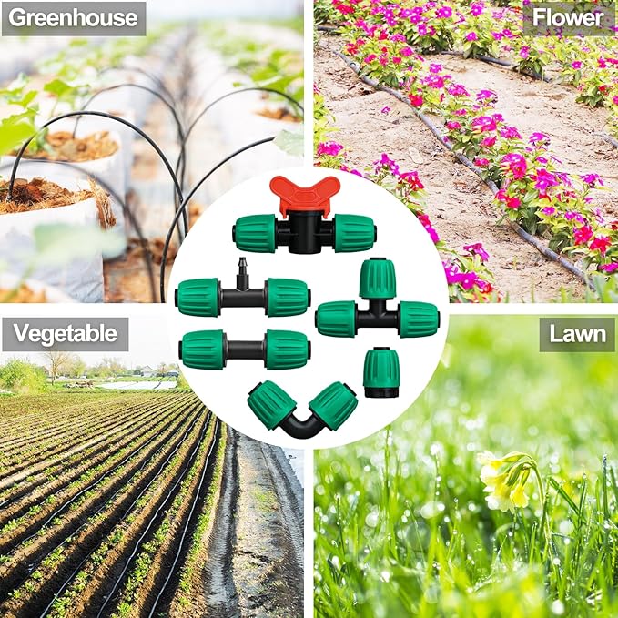 JAYEE 22 Pcs Drip Irrigation Fittings Kit for 1/2 In Tubing, Drip Line Parts for Sprinkler System - 5 Tees, 5 Couplings, 3 Elbows, 3 Barbed Lock T Connectors, 4 End Closure Plugs, 2 Switch Valves