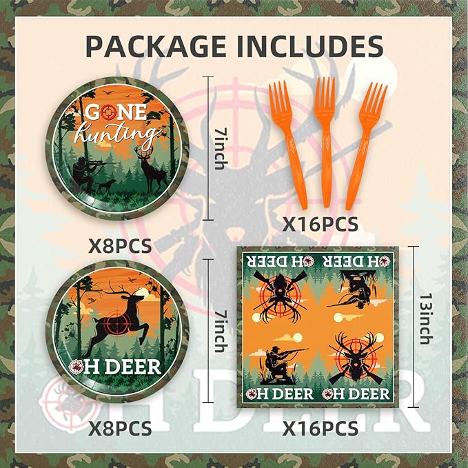48Pcs Hunting Birthday Party Decorations,Camo Hunting Party Plates Napkins and Forks Supplies Set for 16 Guests