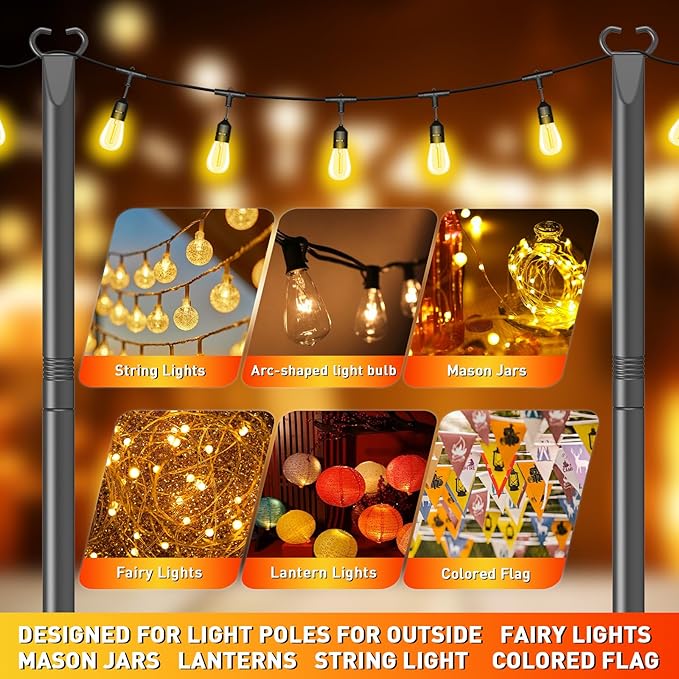 10Ft String Light Poles 2 Pack,Poles for Outdoor String Lights with Fork and Fence Clamp,Hanging Lights Metal Stand Post for Deck Patio Backyard Garden Decorations