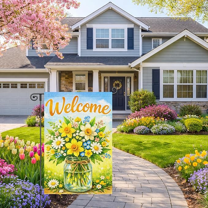 Heyfibro Hello Spring Garden Flag 12x18 Inch Double Sided Butterfly Floral Jar Garden Flag Small Yard Flags for Outside House Farmhouse Seasonal Spring Outdoor Decorations