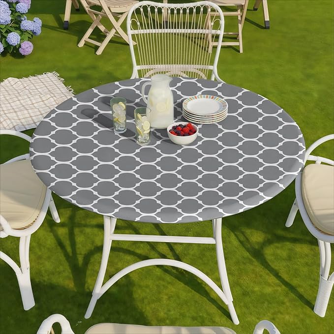 Fitted Round Tablecloth Waterproof Table Cloth Vinyl Indoor Outdoor Circle Cover for 36-44" Tables Dining Kitchen Apartment Home Party Gear Gifts Summer Fall Patio Picnic Camping Essentials