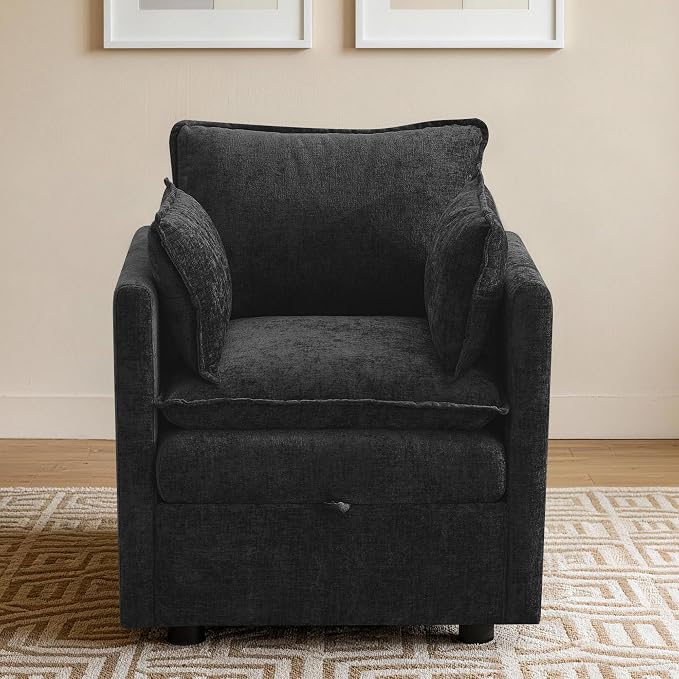 30" Modular Storage Single Sofa, Deep Seat Cloud Accent Chair, Oversized Storage Cloud Chair, Modern Chenille Reading Chair for Living Room, Apartment, Bedroom, Small Space, Black
