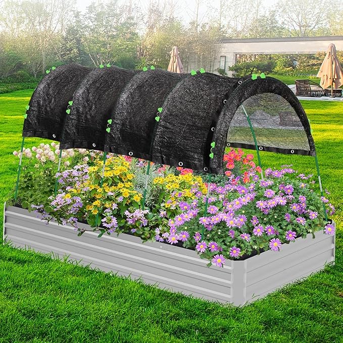 10 X 6.5FT 75% Garden Shade Cloth with Hoops, Plant Shade Cloth Garden Greenhouse Grow Tunnel for Heat Protection, Raised Bed Row Cover Black Netting Tarp for Outdoor Outside Patio Chicken Coops