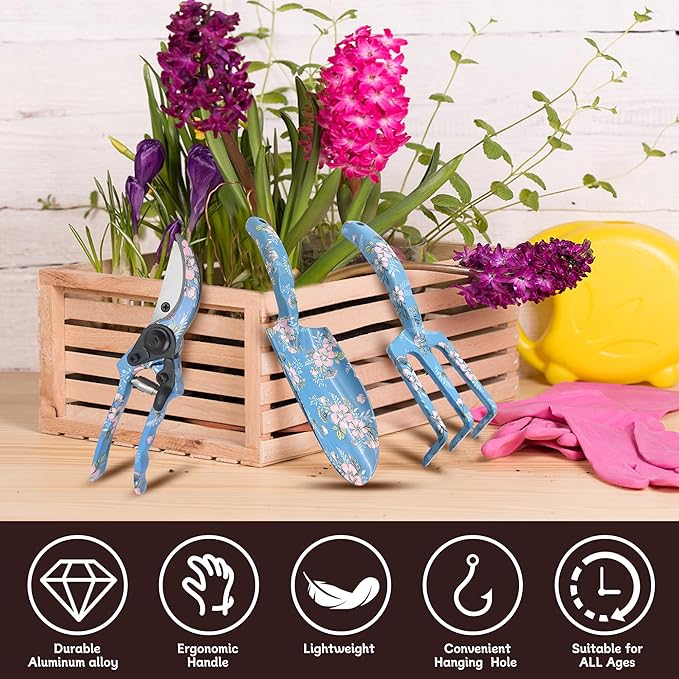 Garden Tool Set, 3 Piece Floral Gardening Tools for Women, Aluminum Gardening Hand Tools with Trowel, Hand Rake & Pruning Shears, Ergonomic Garden Tools for Indoor Outdoor Gardening