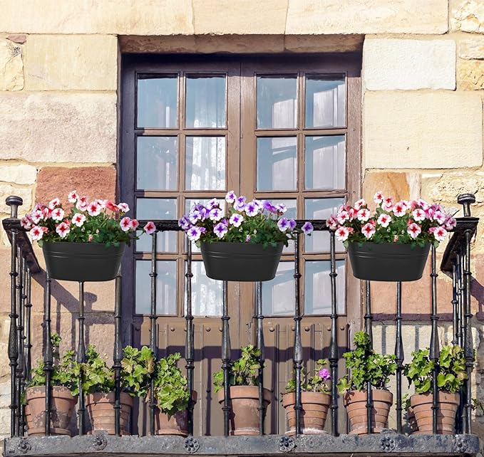 Dahey 3 Pcs Metal Hanging Flower Pots for Railing Fence 10.6 Inch Wall Planters for Indoor Plants Outdoor Countryside Window Flower Holder with Hooks Drainage Holes for Garden Yard Home Decor, Black