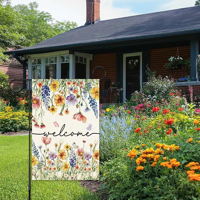 Welcome Flags for Outside,Floral Garden Flag for Yard Patio Lawn Decoration,12x18 Inch Double Sided