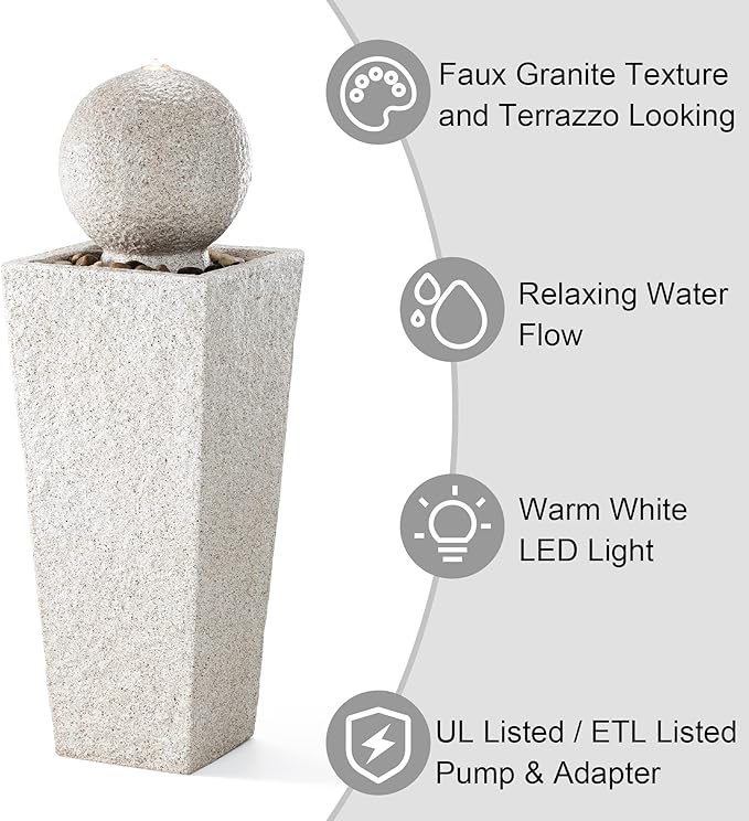 Glitzhome Outdoor Water Fountain, 40.25" H Modern Geometric Pedestal and Sphere Waterfall Fountain, Outdoor Fountain with Pebbles, Pump and LED Light, Garden Fountain for Patio, Backyard, Porch Decor