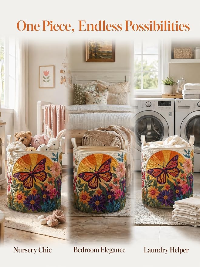 Quilted Laundry Basket with Handles, Boho Floral Quilted Storage Hamper, Large Capacity Laundry Hamper for Nursery Bedroom Laundry Room Home Decor (Pattern 06, Large (28"H x 20"W x 20"L))