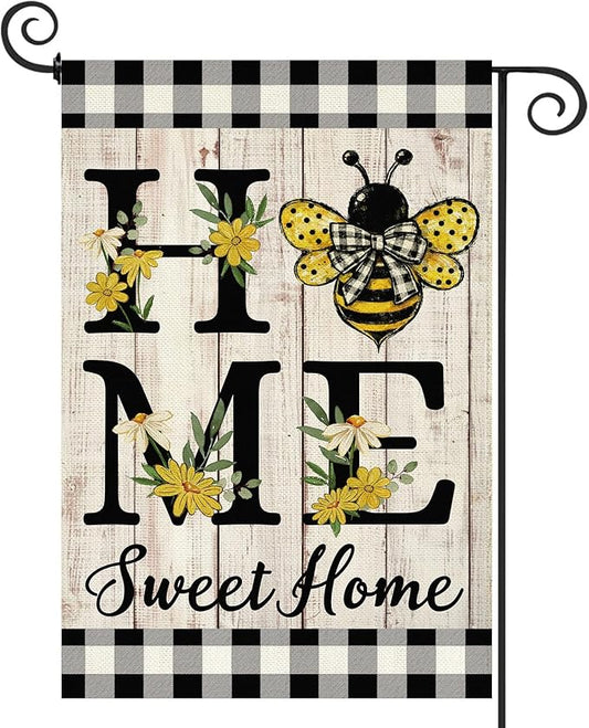 ORTIGIA Home Sweet Home Bee Garden Flag Double Sided 12.5x18 Inch, Spring Summer Yellow Flower Buffalo Plaid Check Small Yard Flag Burlap Farmhouse Rustic Outside Outdoor Lawn Patio Decor
