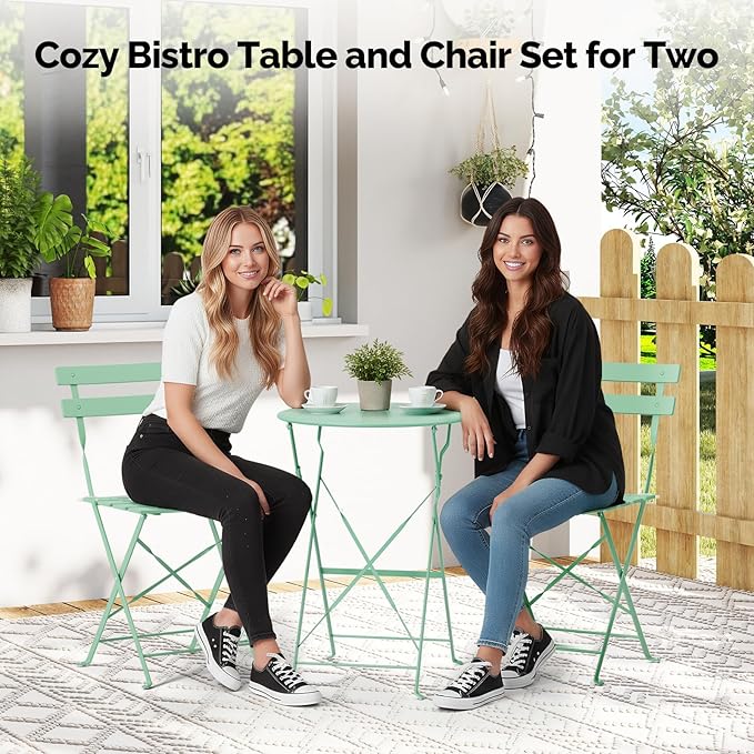 VINGLI Outdoor Folding Bistro Table and Chairs Set of 2, 3-Piece Bistro Set with Premium Steel Frame for Patio, Balcony, Garden, Porch, Yard, Green