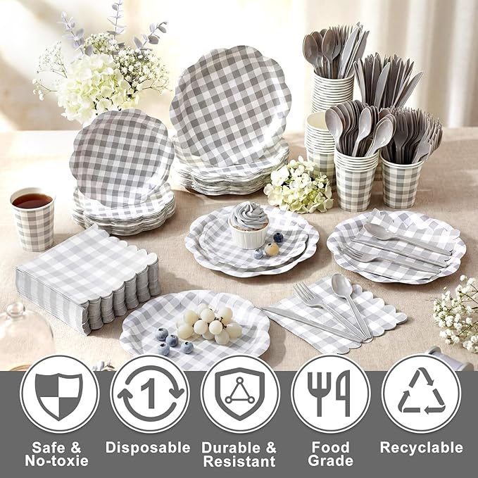 Funnymoom 400 Pcs Gingham Party Supplies for 50 Guests Gray and White Paper Plates and Napkins Knives Spoons Forks Cups Disposable Checkered Dinner Party Set Cutlery for Baby Shower Wedding Favor