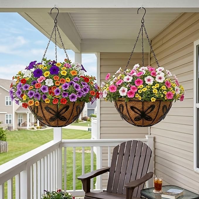 2 Pack Hanging Baskets for Plants Outdoor 14 Inch Butterfly Metal Hanging Planters with Coco Coir Liner, Round Hanging Flower Basket for Home Garden Patio Balcony Porch
