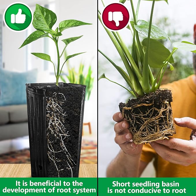 RunNico 50pcs Plastic Deep Plant Nursery Pots, 9.8”Tall Tree Pots,Black Deep Seedling Container Pots with Drainage Holes for Indoor Outdoor Gardening (4.7" Wx9.8 H)