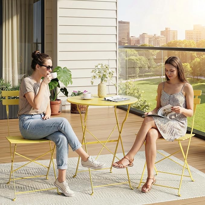 GarveeHome 3-Piece Foldable Bistro Set, Outdoor Patio Furniture with 2 Folding Chairs & 1 Table, Weather-Resistant Indoor/Outdoor Conversation Set for Patio, Yellow