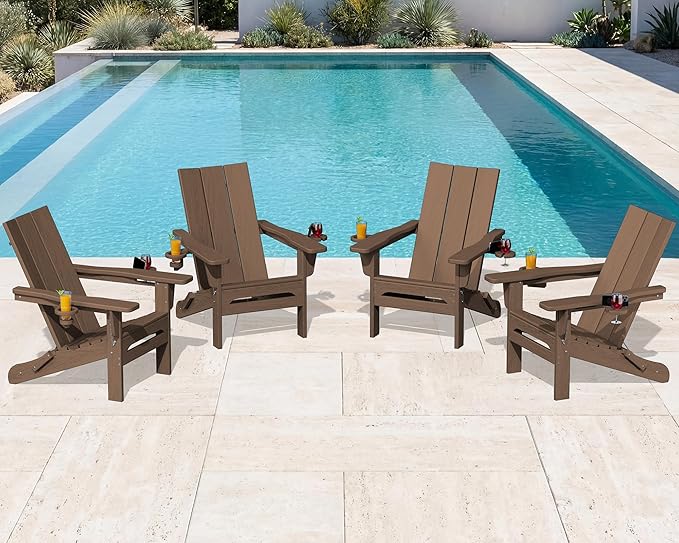 SERWALL Modern Adirondack Chair Set of 4, Folding Adirondack Chair with Cup Holders, Outdoor HDPE Fire Pit Chairs for All Weather Use, Brown