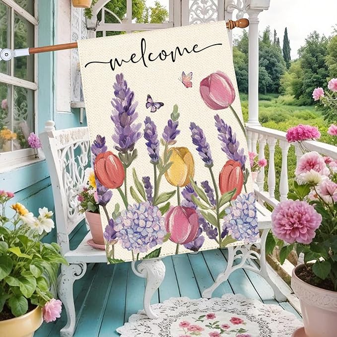 Spring Summer Tulips Hydrangeas Welcome House Flag 28 x 40 Inch Double Sided, Lavender Floral Burlap Large Yard Garden Flags Holiday Farmhouse Flags for Patio Outdoor Outside Decoration