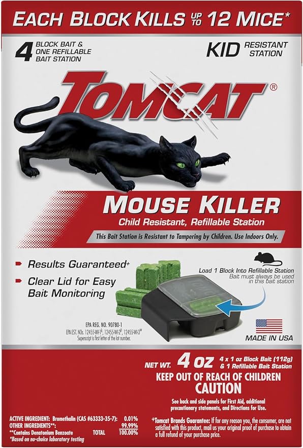 Tomcat Mouse Killer Child Resistant, Refillable Station with Clear Lid for Easy Monitoring, 1 Bait Station and 4 Refills (Pack of 6)