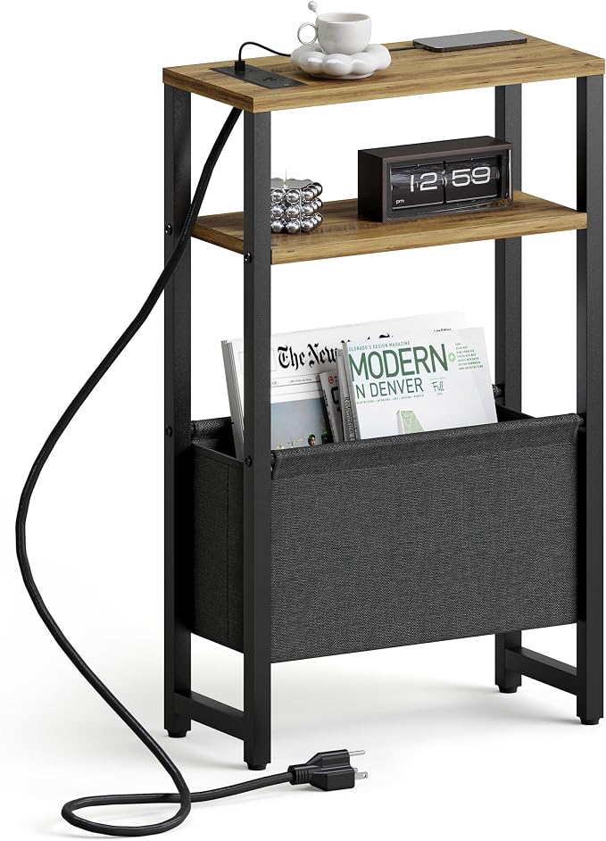 Narrow Side Table with Charging Station Slim End Table Sofa with Magazine Rack, Bedside Table for Small Spaces, 3 Tier Nightstand for Living Room Couch, Bedroom Walnut Brown LET503BRE
