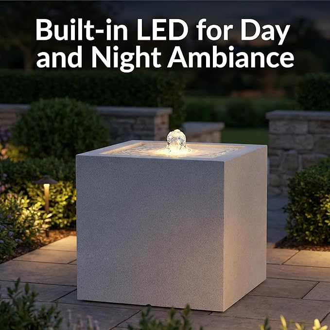 Sunnydaze Outdoor Water Fountain with LED Light - Modern Square Bubbler Water Feature with Pump - 17.5" H - for Patio, Garden, Deck, Relaxation and Stress Relief - Fog