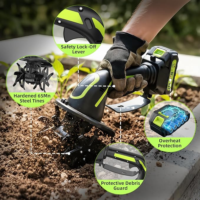 GARDTECH 21V Cordless Tiller Cultivator, 235RPM Electric Hand Tiller with 2×2.0Ah Batteries, 4" Tilling Width & Depth, Powerful Mini Garden Tiller for Gardening, Raised Bed & Soil Loosening