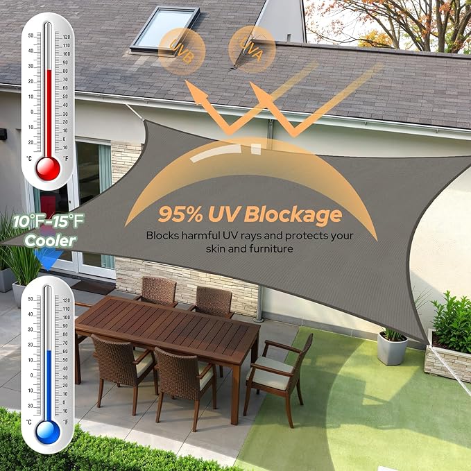 TasticTotes Rectangle Sun Shade Sail - 12' x 16', 95% UV Blockage, HDPE Sunshades for Outdoor Patio, Yard, Deck, Garden, Lawn, Permeable Awnings for Patio Shade with Reinforced Corners & Ropes (Gray)