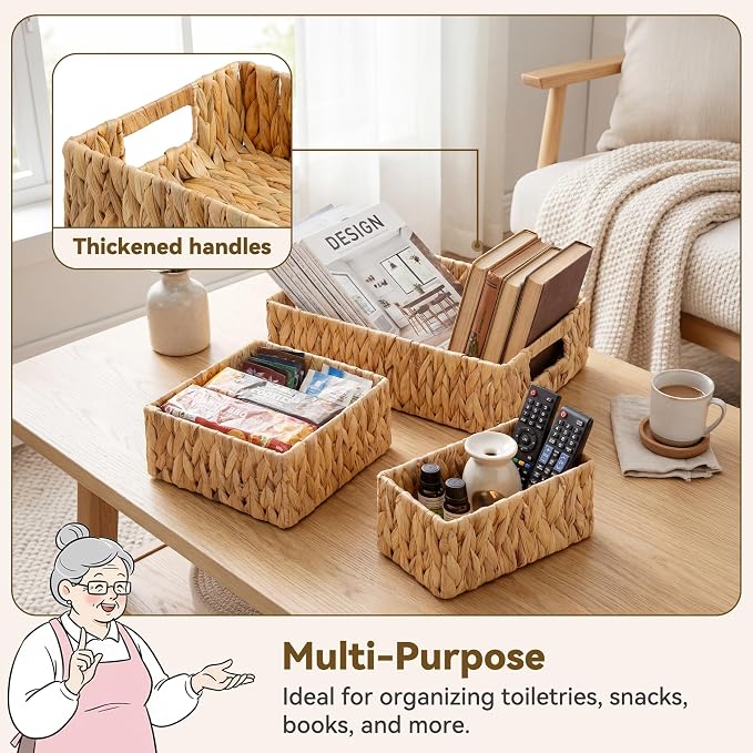 GRANNY SAYS Wicker Baskets for Shelves, Large Water Hyacinth Baskets | Small Woven Storage Baskets for Shelf, Rattan Basket for Organizing, Wicker Basket Set, 3-Pack Small Baskets