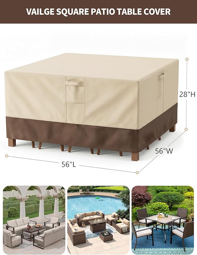 Vailge Patio Furniture Covers Square, Outdoor Furniture Covers Waterproof Windproof, 600D Oxford Outdoor Patio Table and Chair Cover(Beige&brown, Square 56"(L)x56"(W)x28"(H))