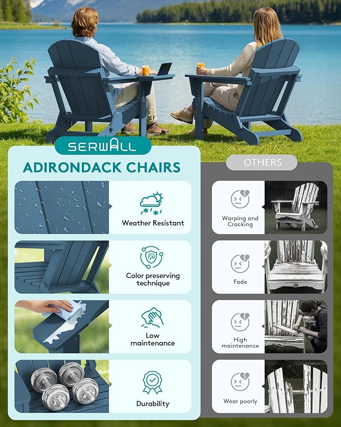 SERWALL Foldable Adirondack Chair Set of 4, HIPS Adirondack Chairs with 4 in 1 Cup Holder, Weather Resistant Fire Pit Chair for Patio, Garden, Outdoors, Poolside - Blue